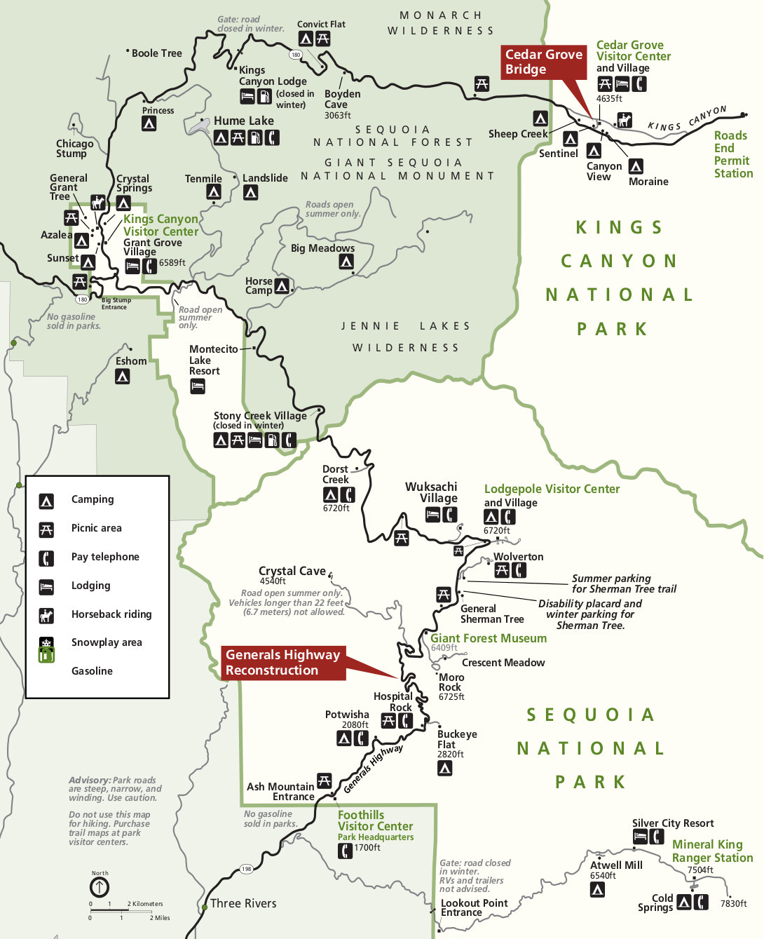 Sequoia and Kings Canyon National Parks road map with Wilsonia marked below Grant Grove Village